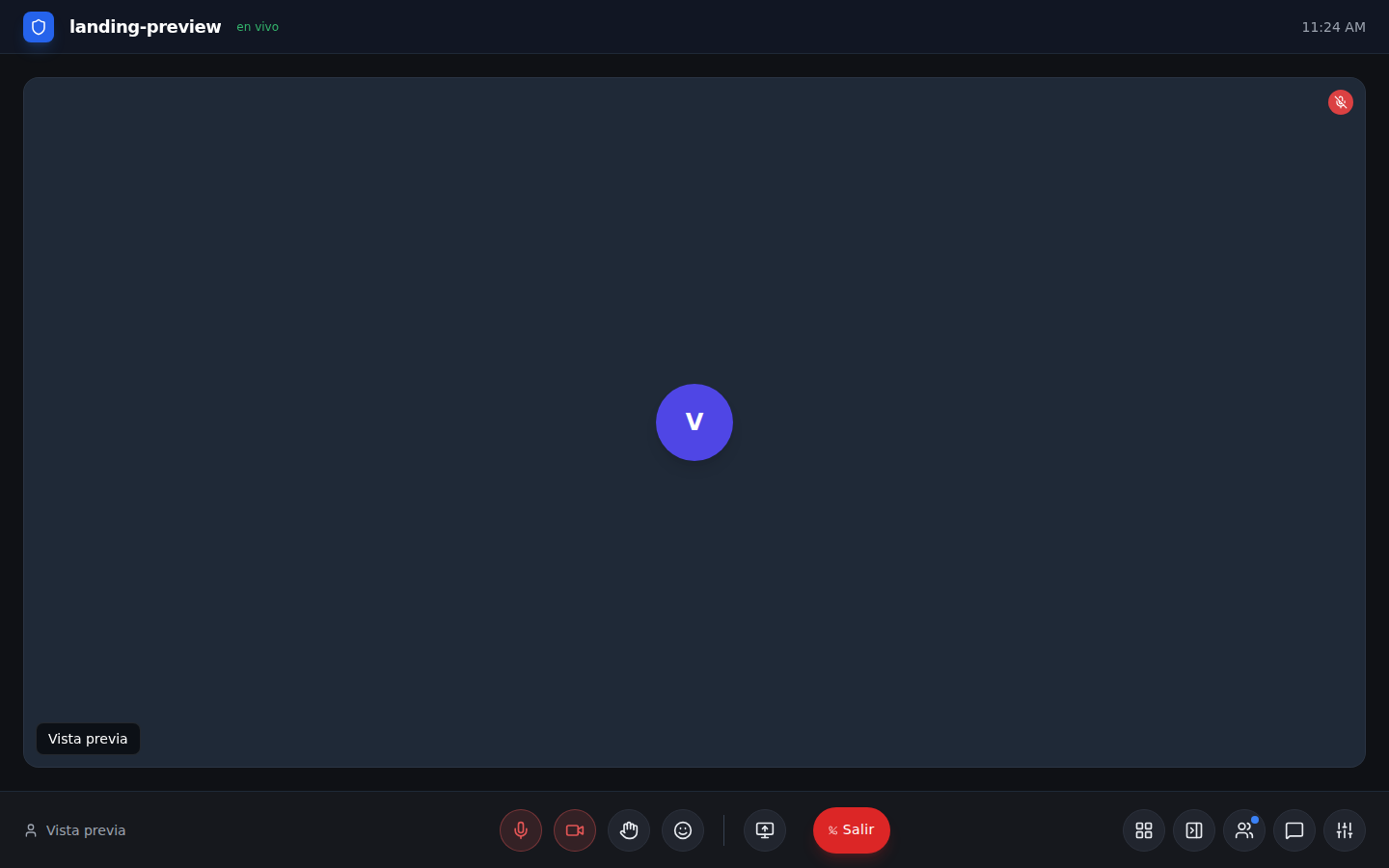 Sala de Meet en vivo: controles de mic, cámara, compartir pantalla y reacciones